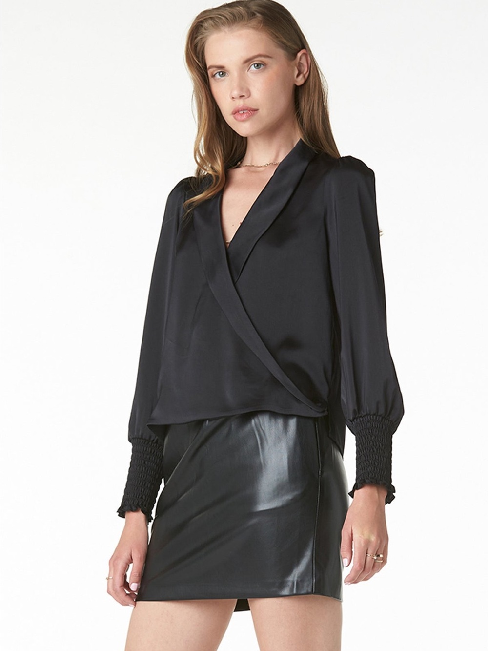 Tart Black Damira Faux Wrap Shawl Collar Satin Like Long Smocked Sleeve Blouse